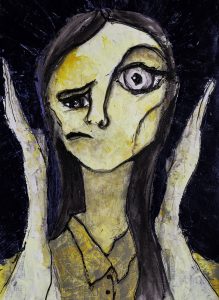 Surrealist oil painting of a woman's face.