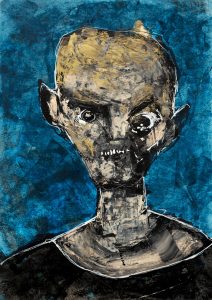 Surrealist painting of a monstrous looking man.