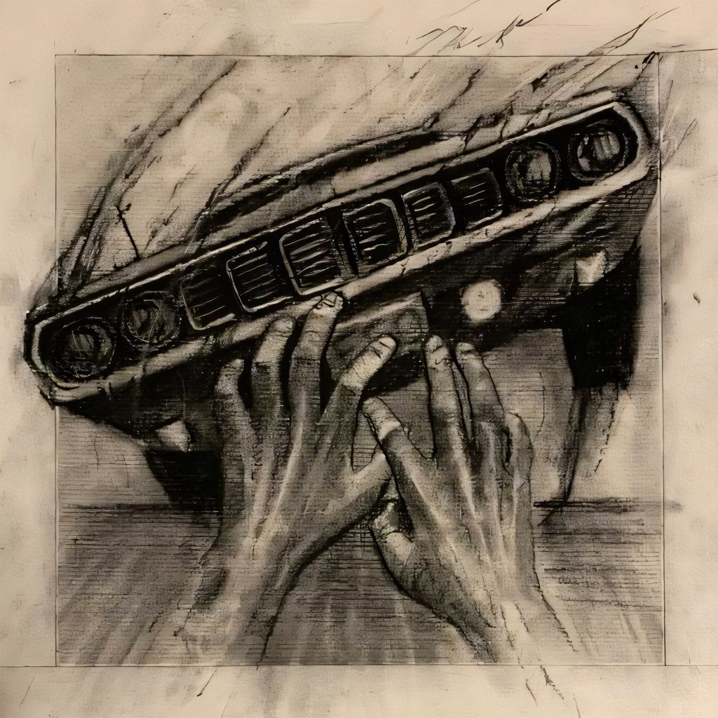 Charcoal drawing of a muscle car coming down onto a terrified person's hands head on.